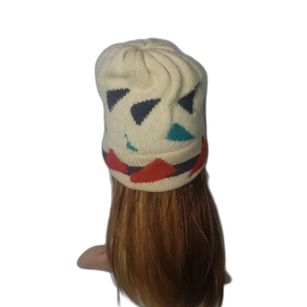 Vermont Needlecrafts Vintage Winter Wool Beanie Hat Ivory with Geometric Print